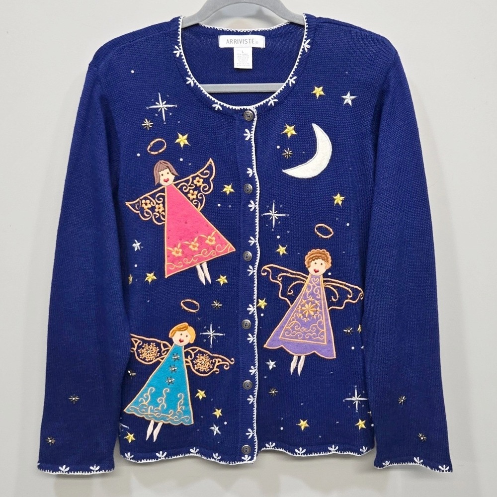 Womens Novelty Cardigan Sweater Large Blue Angel Celestial Whimsical Cottagecore